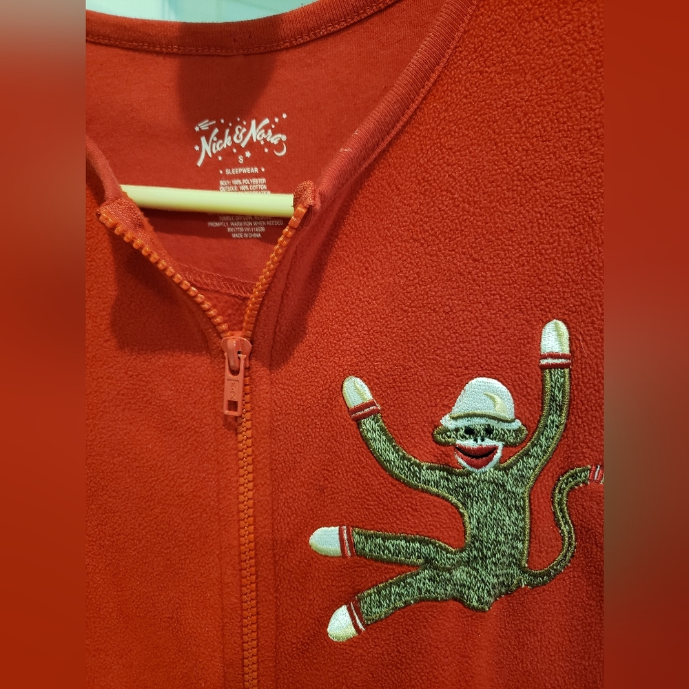Nick & Nora Red Sock Monkey one piece footed pajamas Size small NWOT